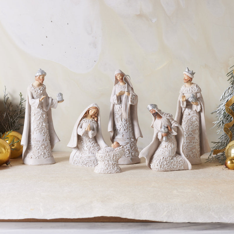 Ivory and Silver Filligree Stone Resin Nativity