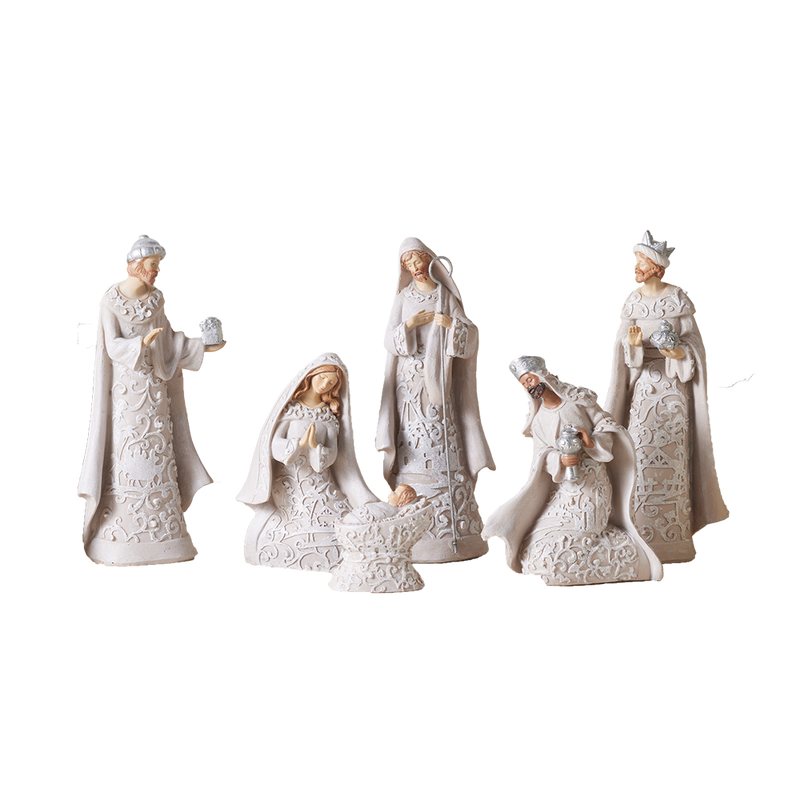 Ivory and Silver Filligree Stone Resin Nativity