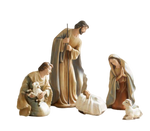 Holy Family, Shepherd & Sheep Wood Stained Nativity
